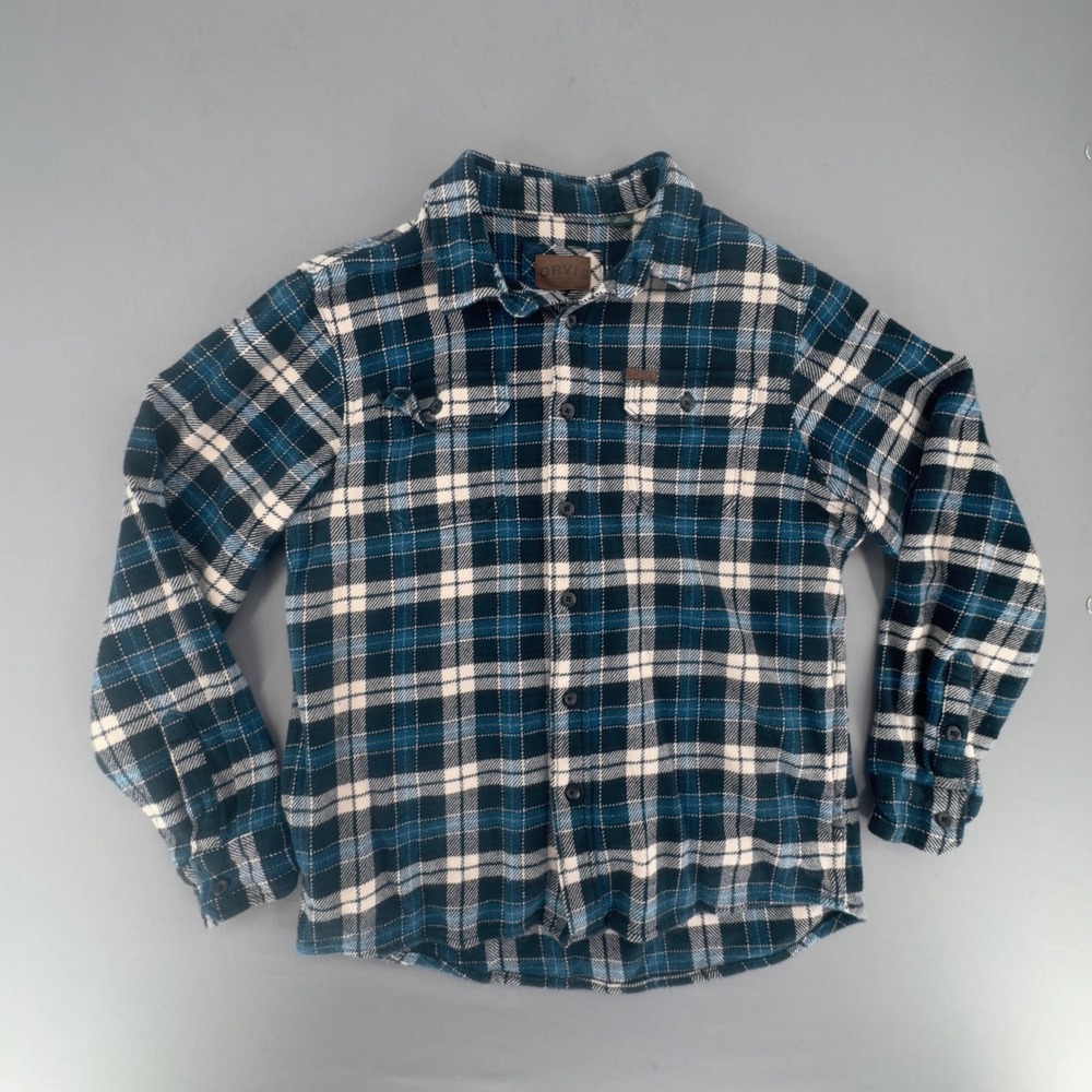 Orvis Mens Blue Plaid Cotton Flannel Button Down jacket/shacket Pockets Large